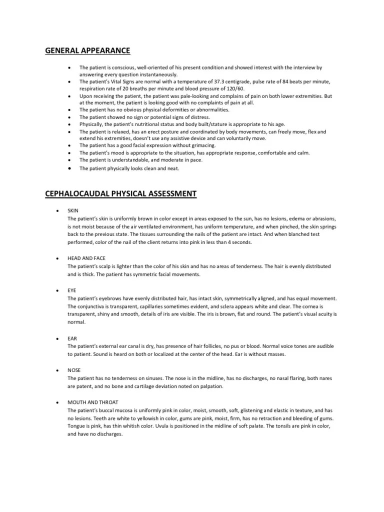 General Appearance, Cephalocaudal Physical Assessment Thorax Heart