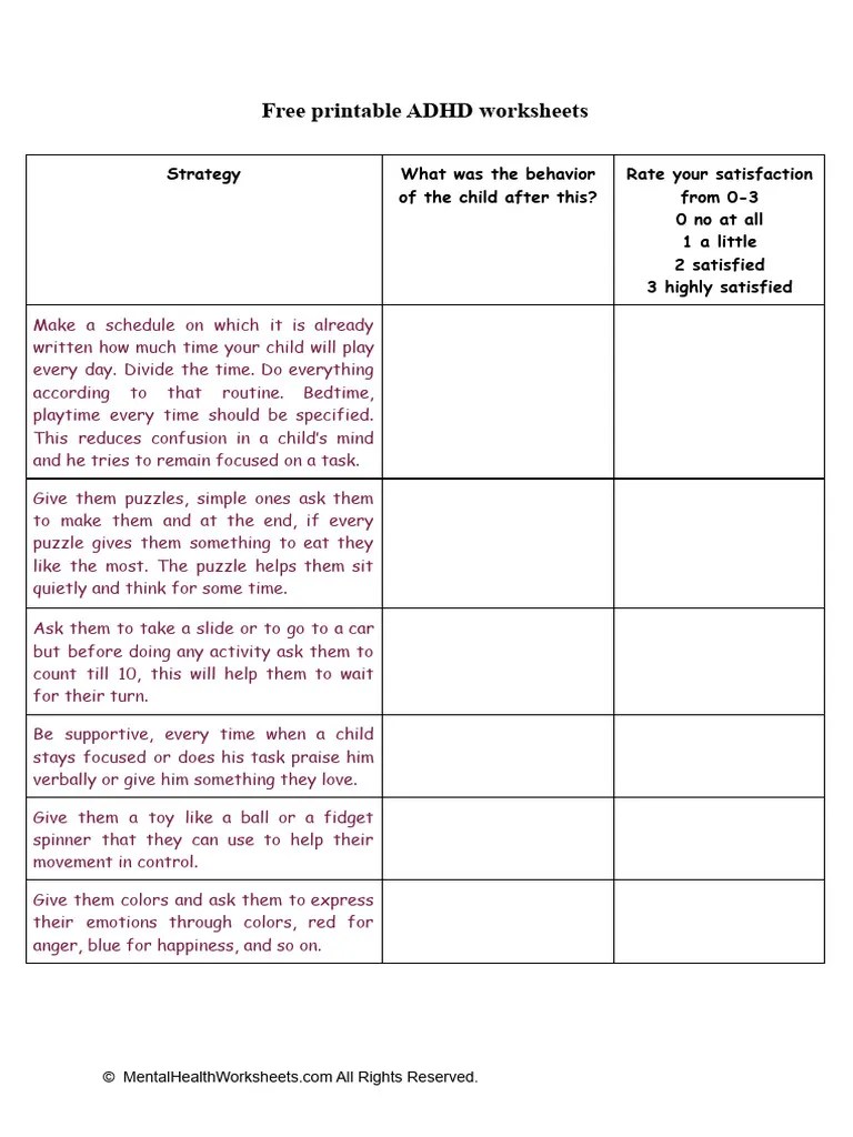 Free Printable ADHD Worksheets PDF