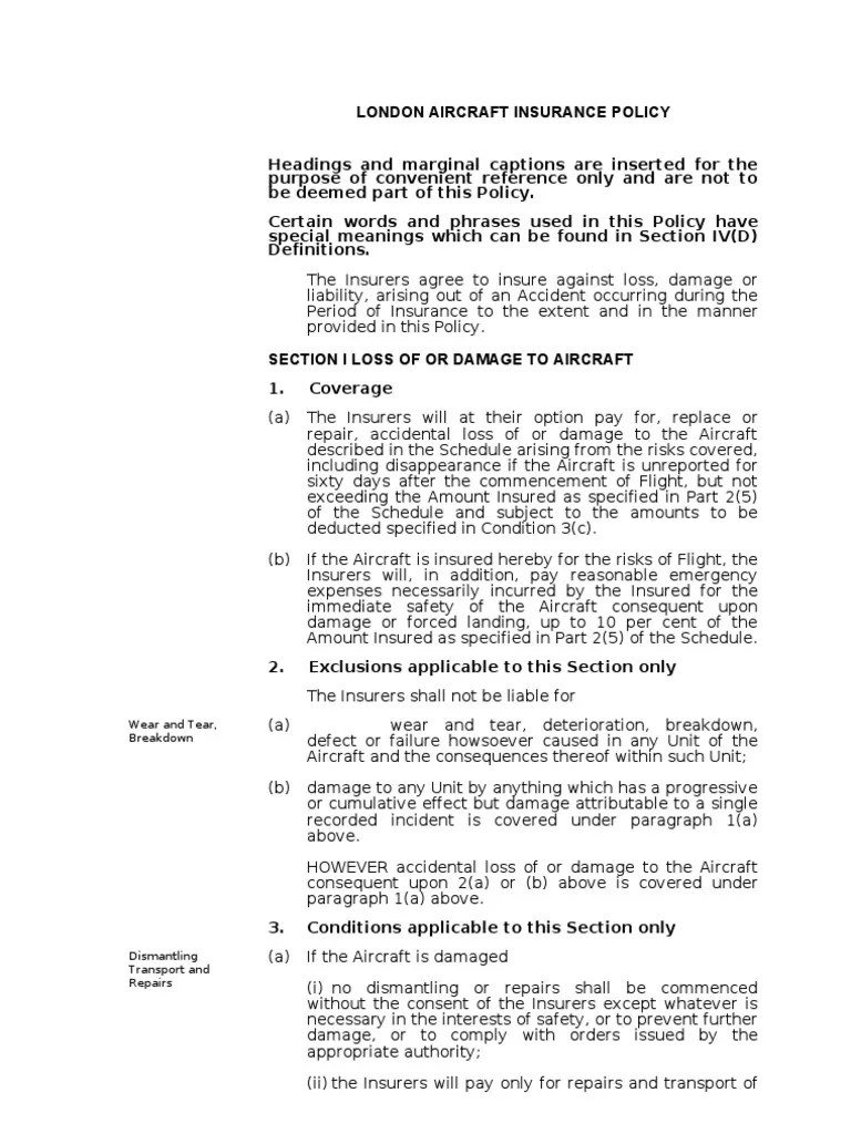 Avn 1c London Aircraft Insurance Policy (Hull, Third Party and