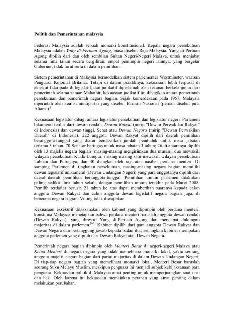 Politik Dan Pemerintahan Malaysia - Docx Cemplis | PDF