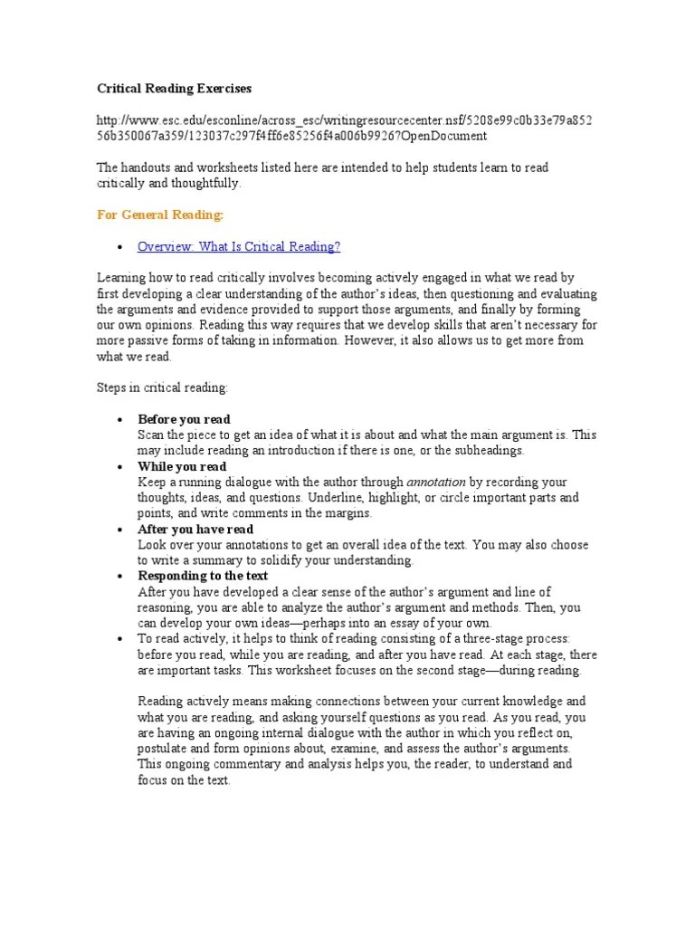 Critical Reading Exercises Reading (Process) Argument