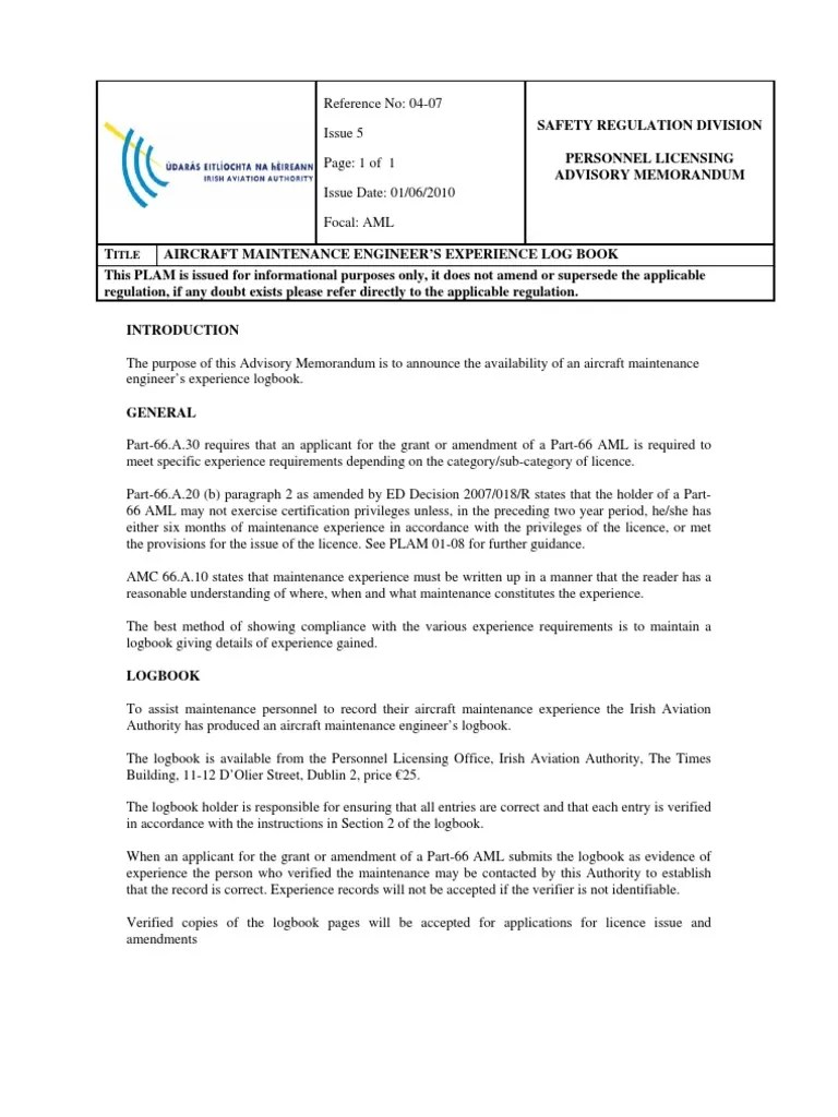 Aircraft Maintenance Engineer�s Experience Log BooK