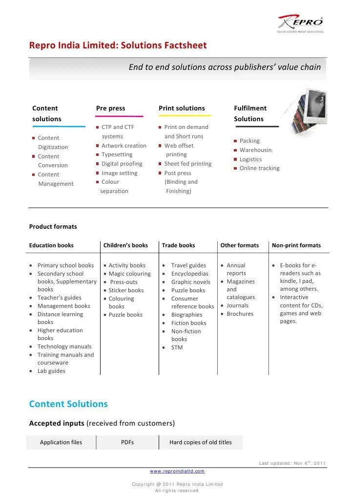 Repro India Limited Solutions Factsheet Books Publishing