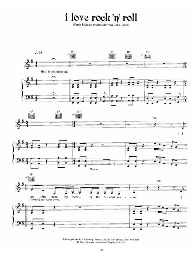 [Sheet Music Piano Score] Joan Jett __ i Love Rock 'n' Roll