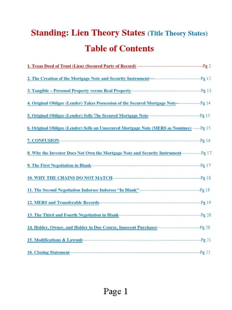 Standing Lien Theory States Title Theory States PDF Deed Of Trust