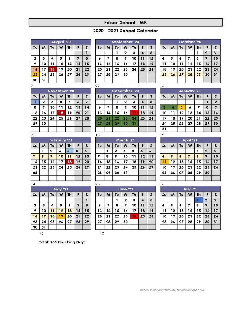 Edison School MK 2020 2021 School Calendar August 20 September 20