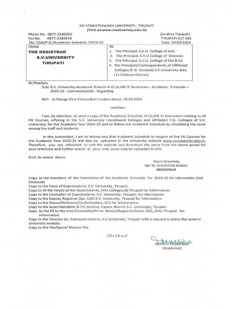 SVU PG Academic Schedule For The Academic Year 202425. PDF Academic Term Public Services
