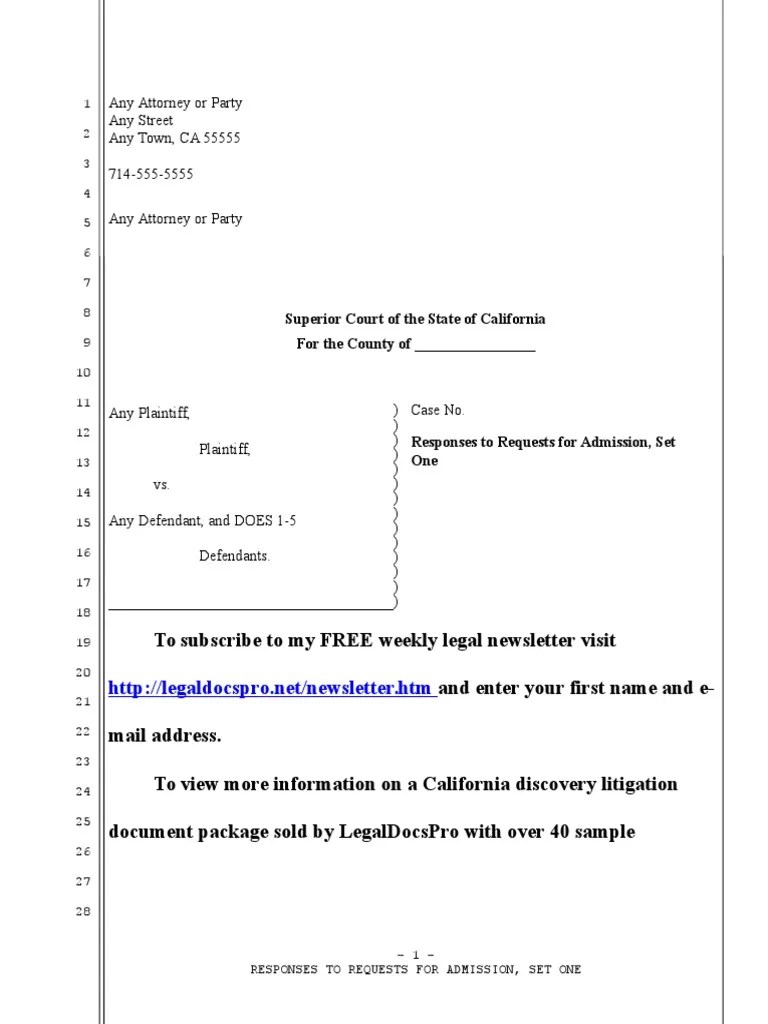 Sample Responses to Requests for Admission for California Discovery