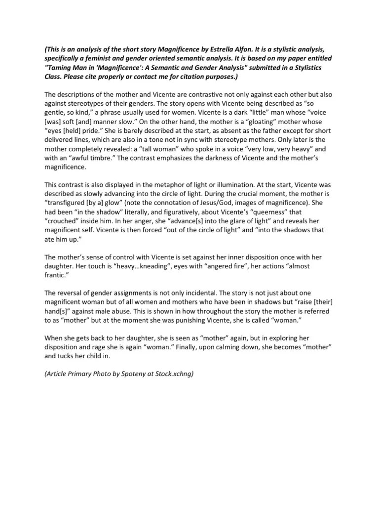 This Is An Analysis of The Short Story Magnificence by Estrella Alfon