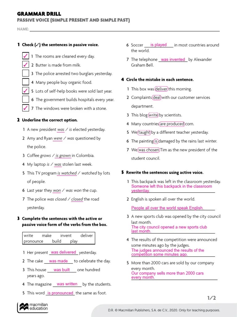 Grammar Drill 37 Passive Voice Simple Present and Simple Past Answer