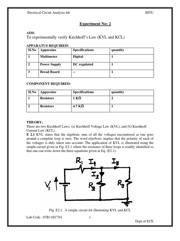 EXP 2 KCL and KVL Network Analysis (Electrical Circuits) Voltage