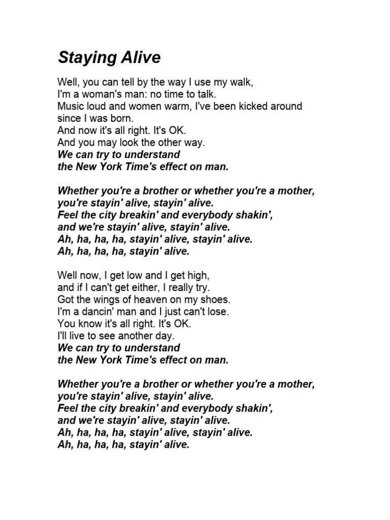Staying Alive Lyrics PDF Art