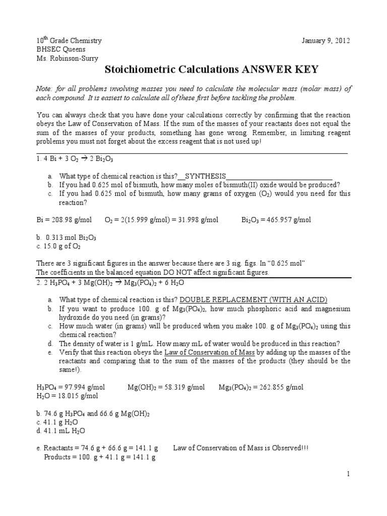 Stoichiometric Calculations Worksheet KEY Mole (Unit) Hydrochloric Acid