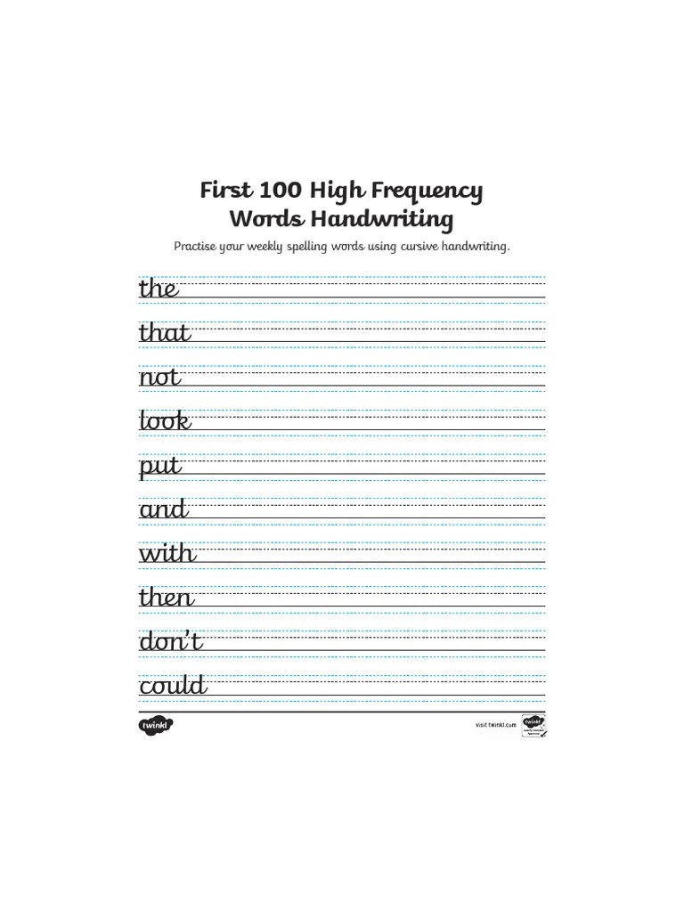 First 100 High Frequency Words Handwriting Worksheets PDF