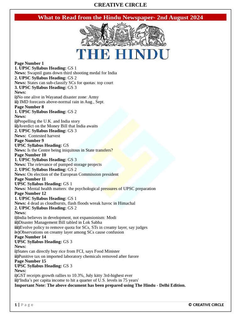 2ND AUGUST 24 What to Read from the Hindu Newspaper PDF