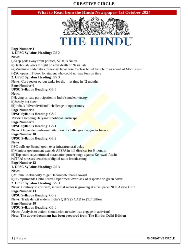 1st October 24 What to Read from the Hindu Newspaper PDF