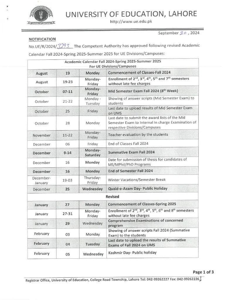 Notification Revised Academic Calendar Fall 2024Spring 2025Summer