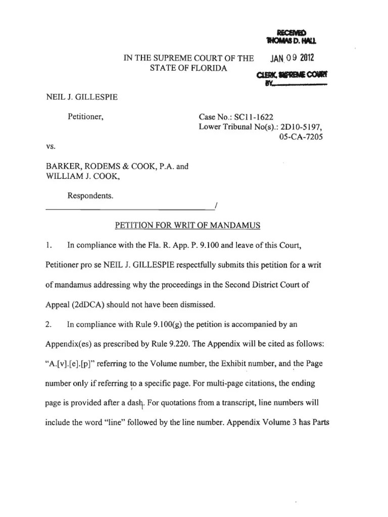 Petition SC111622 Writ Mandamus Florida Supreme Court Jan092012
