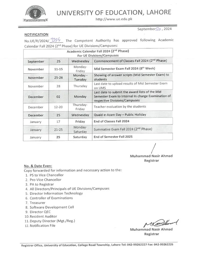 Notification Academic Calendar Fall 2024 (2nd Phase) For UE Divisions(03)
