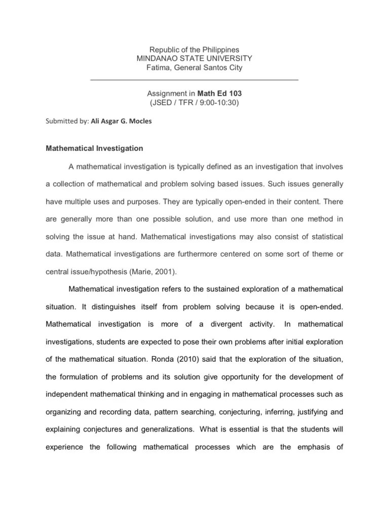 Mathematical Investigation and Mathematical Modeling