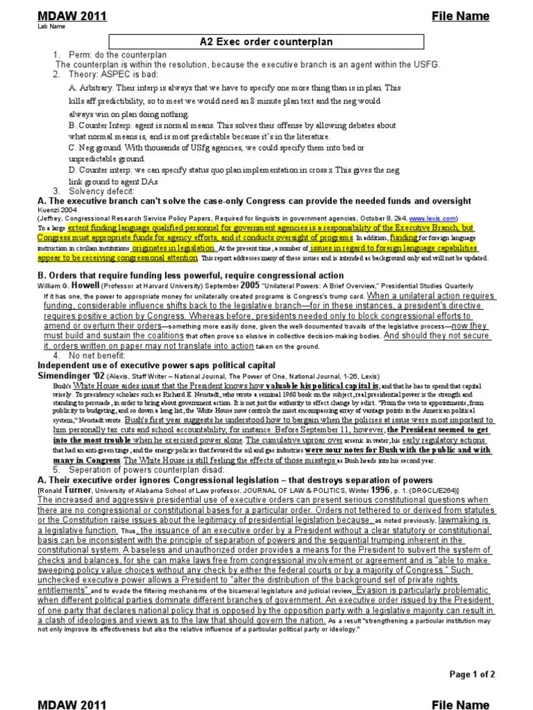 Executive Orders and Separation of Powers Analyzing the Constitutional