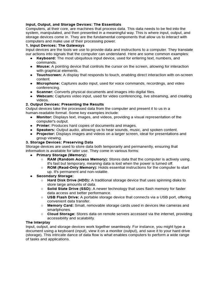 Input, Output and Storage Devices Notes PDF Computer Data Storage