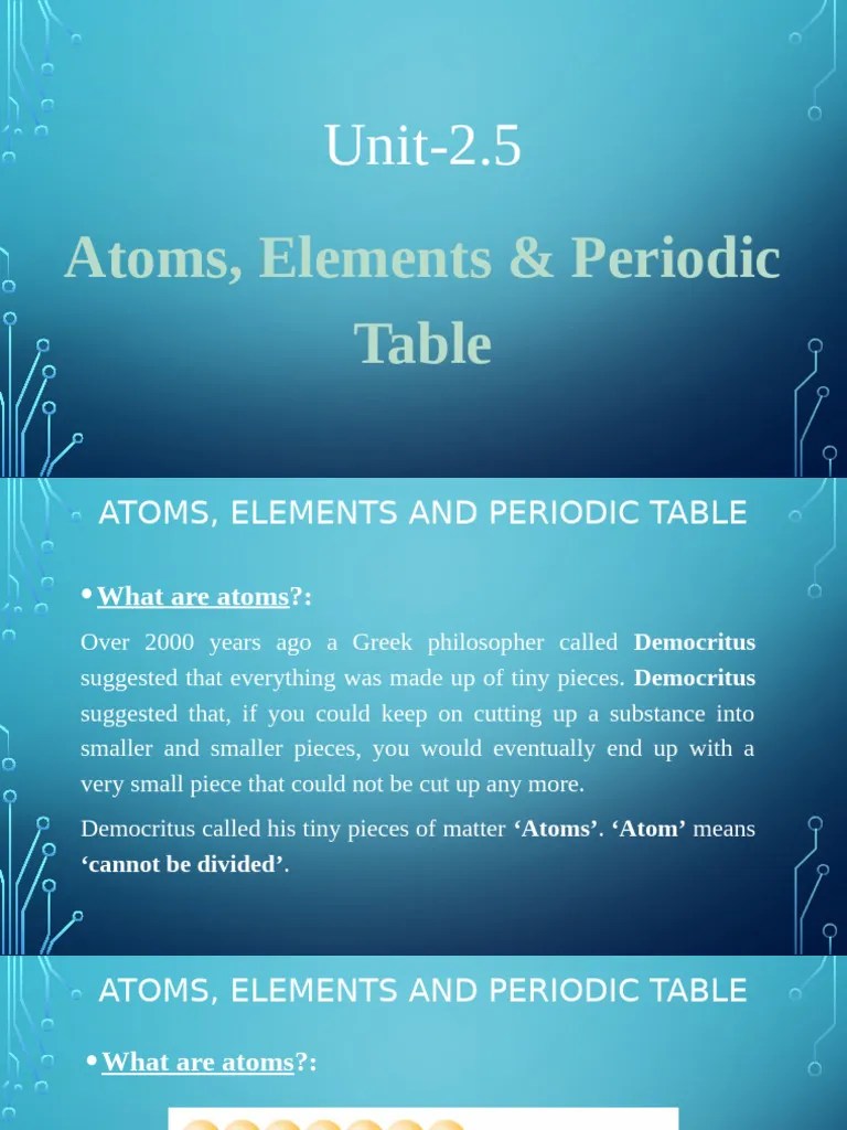 Unit 2.5, Atoms,Elements & Periodic Table PDF Chemical Elements