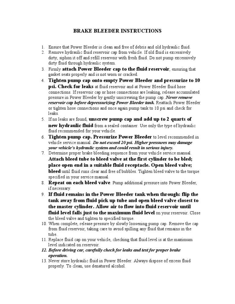 Brake Bleeder Instructions PDF