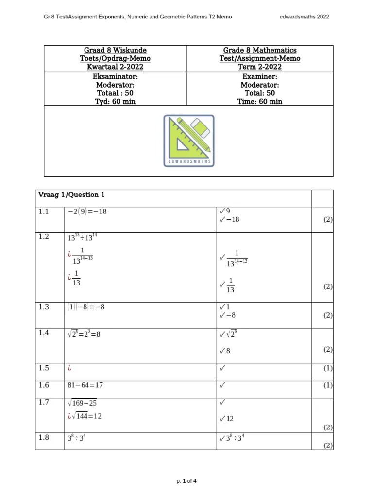 Gr 8 Edwardsmaths Test or Assignment Exponents, Numeric and Geometric