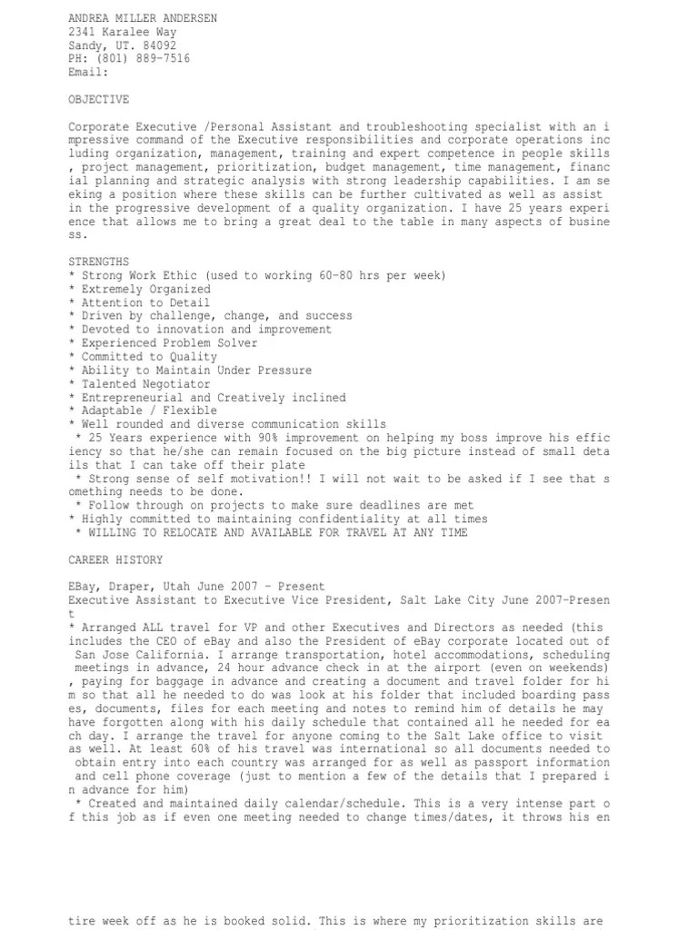 Executive Assistant to CEO or President or Vice President Chief