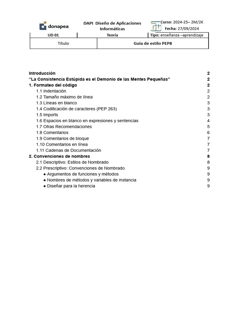 Teoría 01.03 Guía de Estilo Python PEP8 PDF Python (lenguaje de