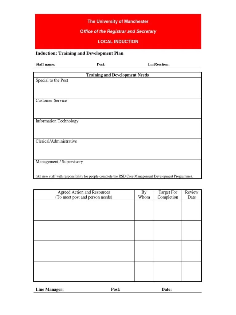 Example Induction Training Plan Template