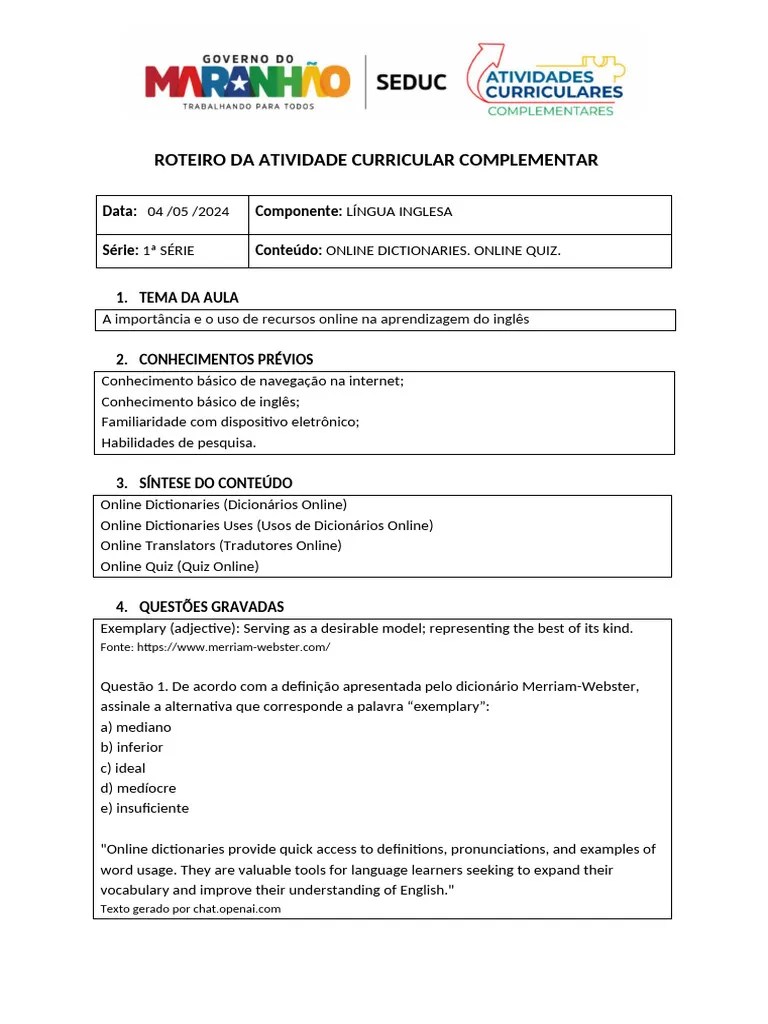 Roteiro_ingles_1ª Dictionaries. Online Quiz PDF