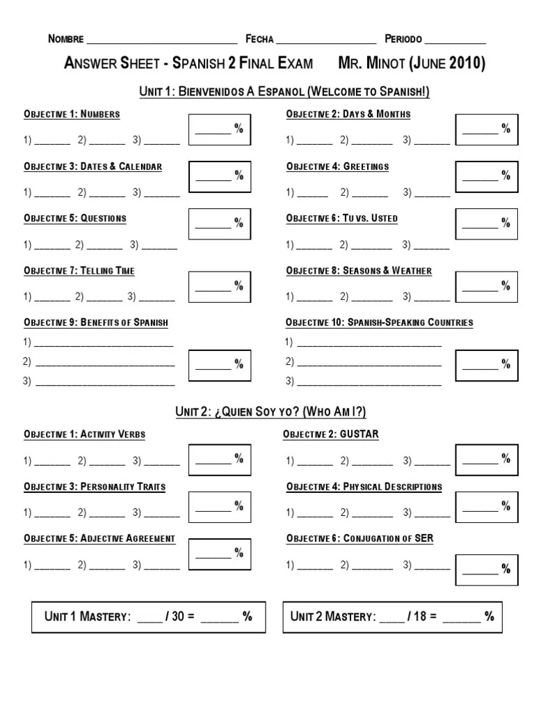 Final Exam Answer Sheet (Spanish 2)