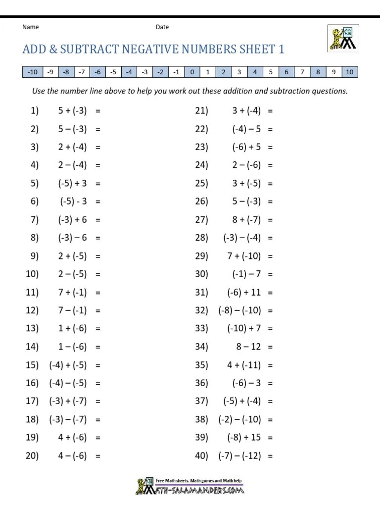 Add & Subtract Negative Numbers Sheet 1 | PDF | Arithmetic | Elementary