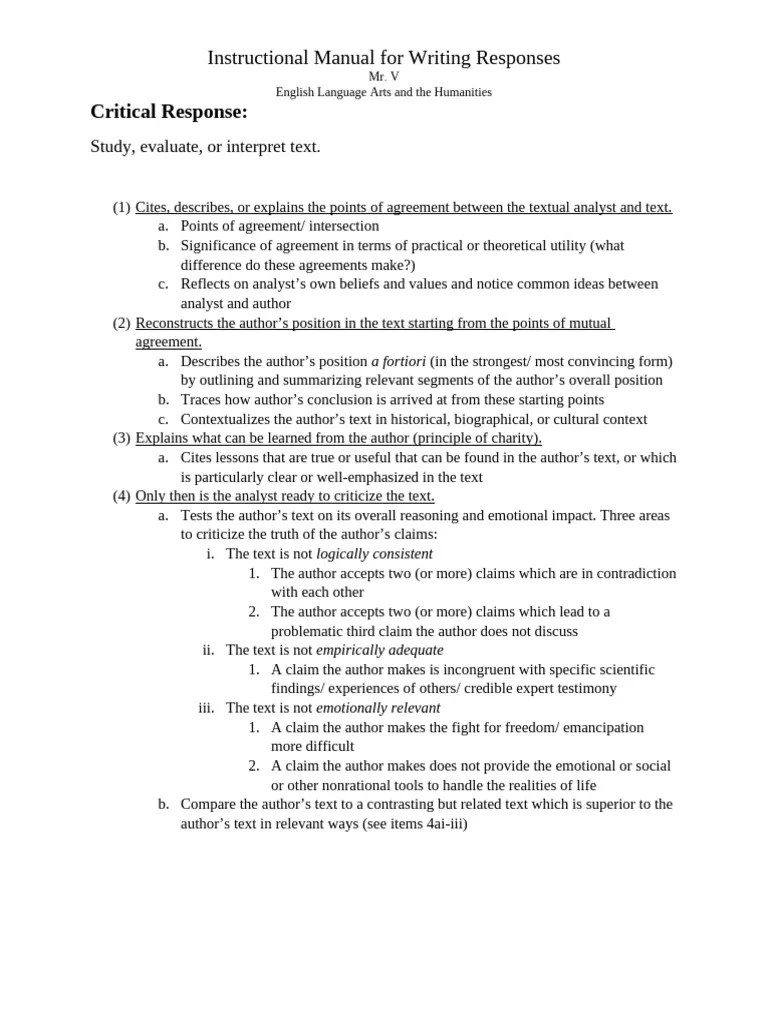 Critical Response Essay Original Text Outlines PDF Essays