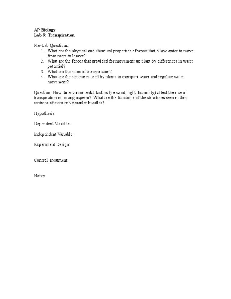 Lab 9 Transpiration Pre Lab PDF Leaf Plants