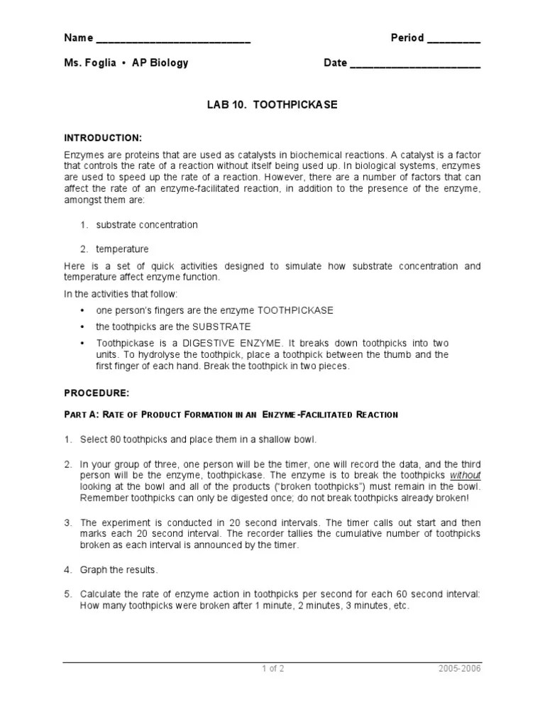 Lab 10 Toothpickase 2005 PDF Substrate (Chemistry) Enzyme