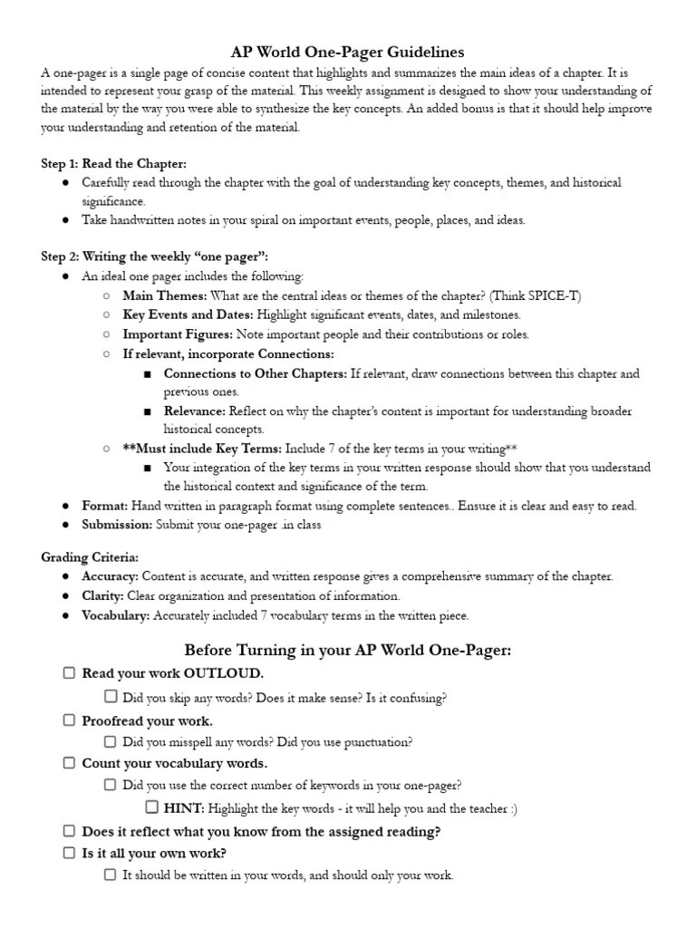 AP World OnePager Assignment Guide PDF Vocabulary Writing
