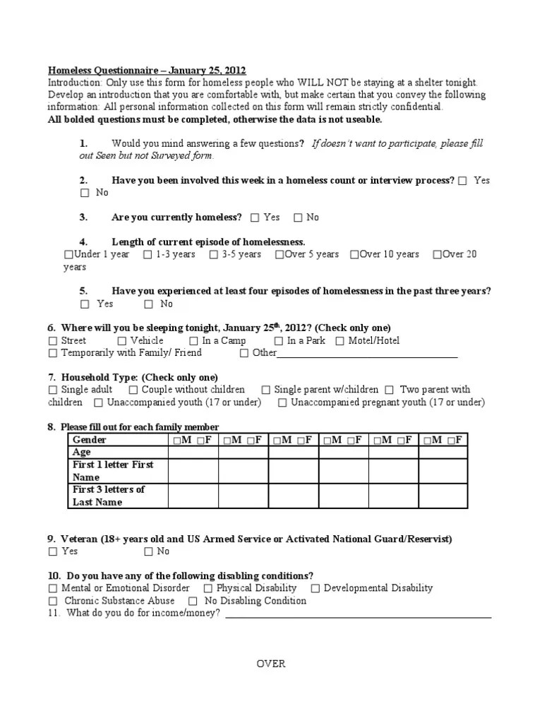 2012 Homeless Questionnaire Homelessness Substance Abuse