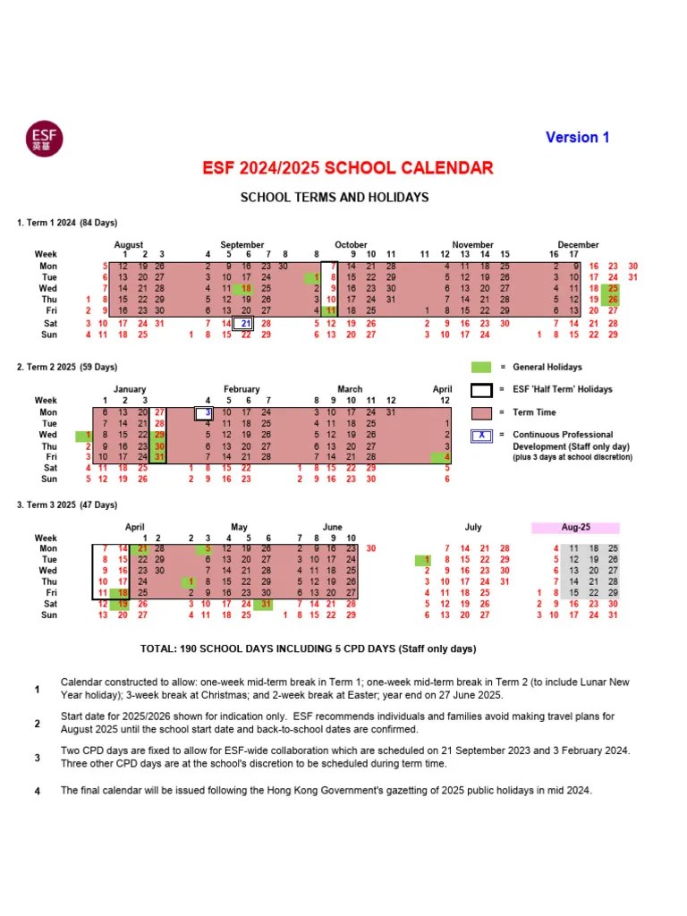ESF Draft Calendar 2025 25 PDF Observances Holidays