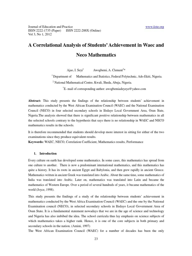A correlational study of student achievement in WAIC and NICO