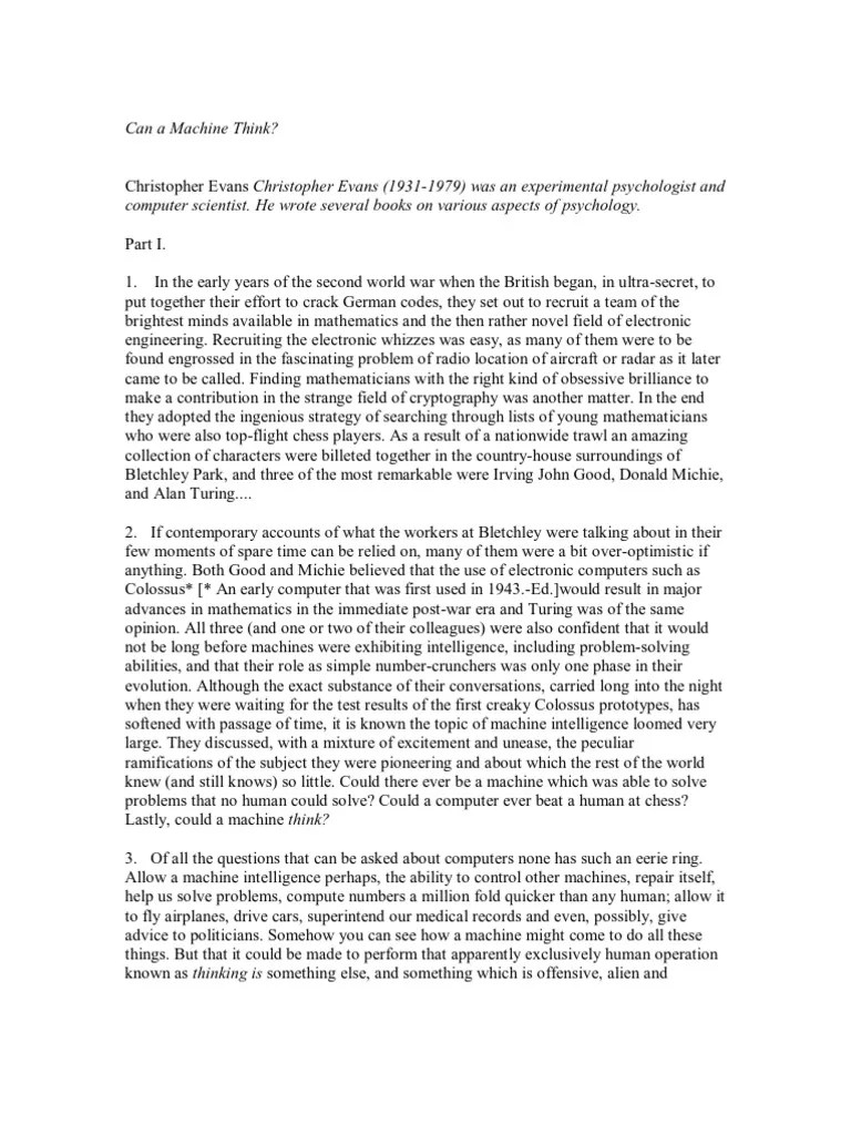 Can a Machine Think Philosophy Alan Turing Thought