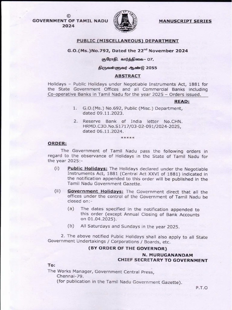 Tamilnadu GO List of Holidays 2025 PDF