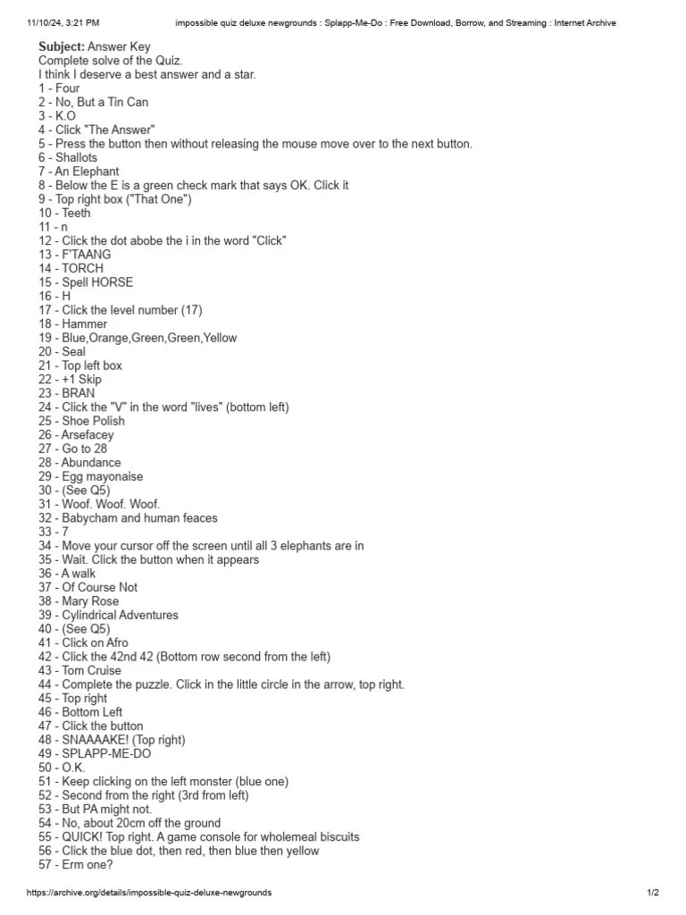 Impossible Quiz Answers PDF Young Adult