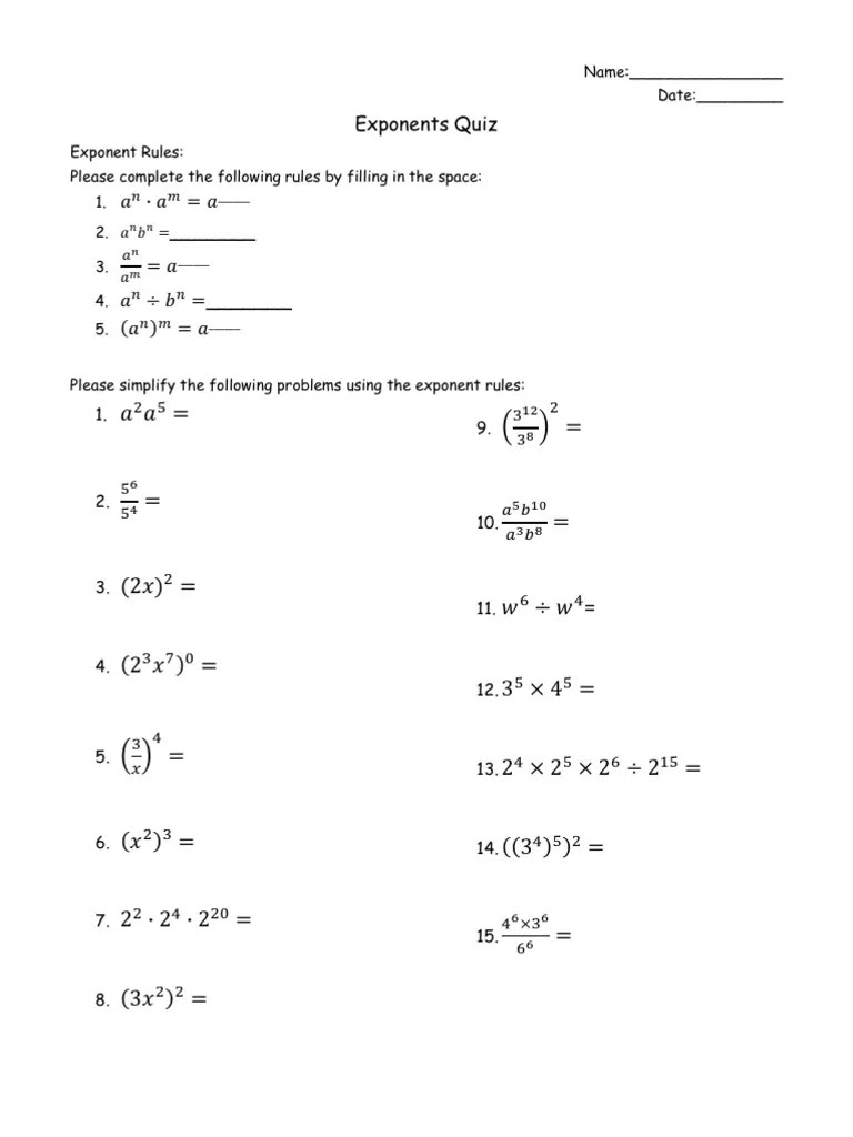 Exponent Rules Quiz PDF
