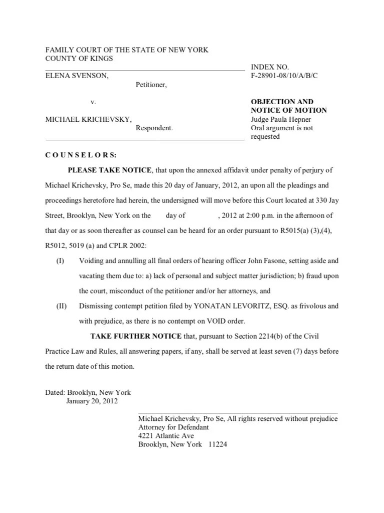 OBJECTION and NOTICE OF MOTION