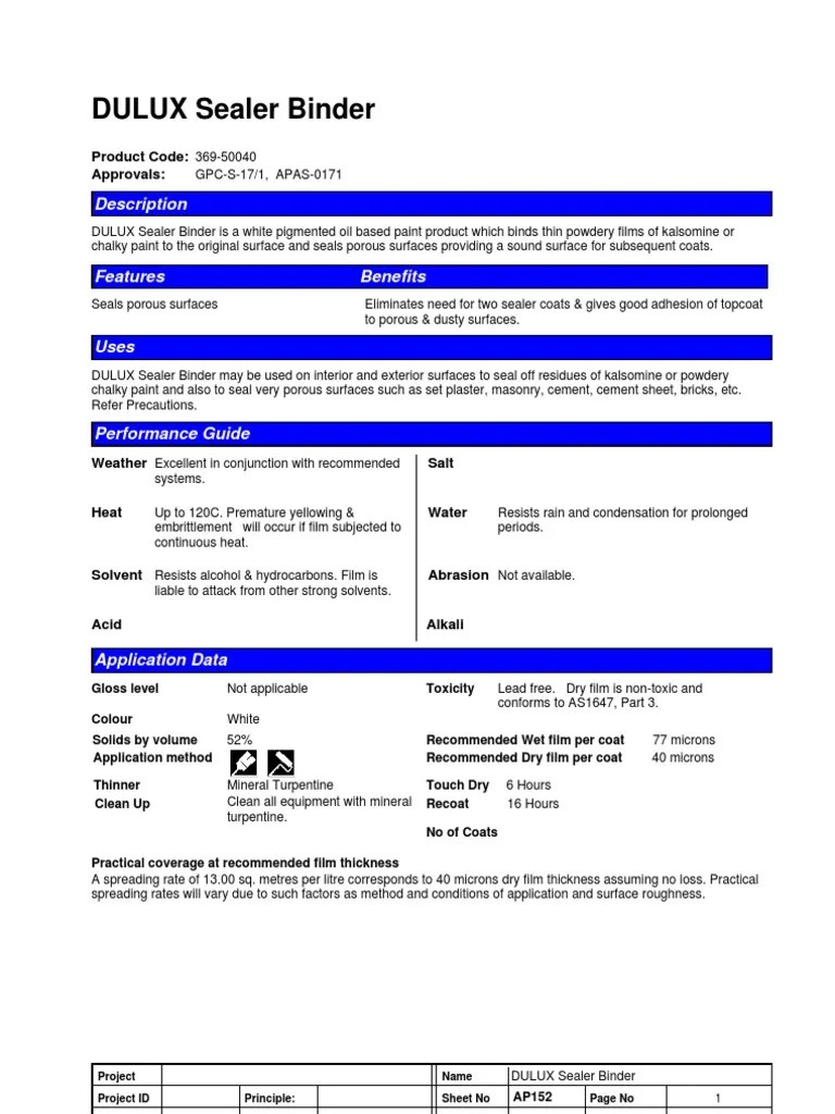 Dulux Sealer Binder PDF Paint Plaster