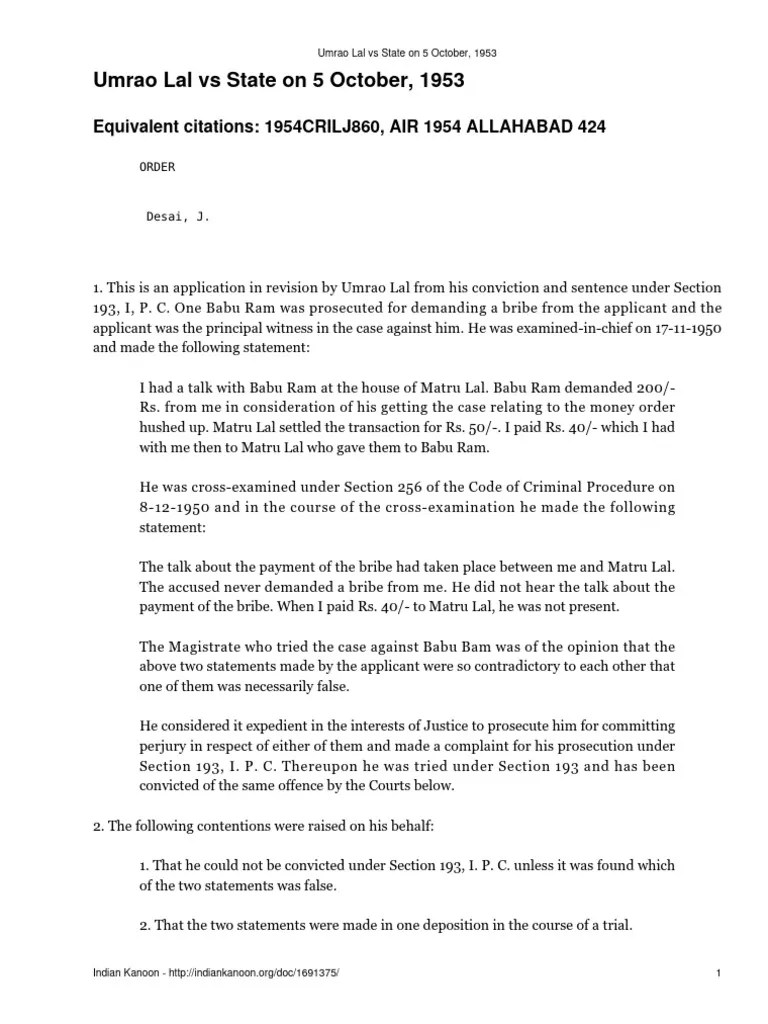 Umrao Lal Vs State On 5 October 1953 PDF Perjury Crimes