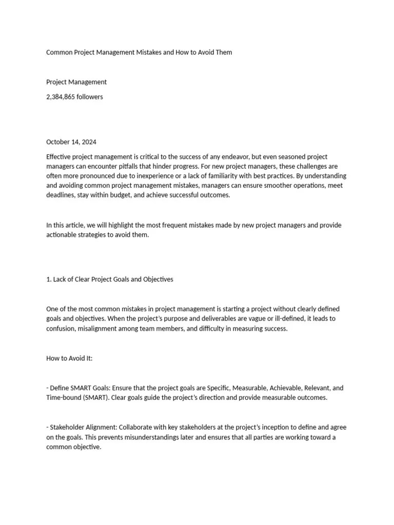 Avoid Common Project Management Mistakes Pdf Project Management Risk